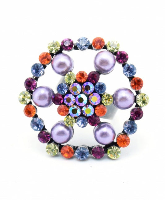 Anillo maxi regulable hexagonal piedras colores y perlas