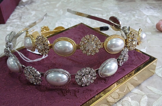 Diadema perlas y piedra. Dorado o Plata